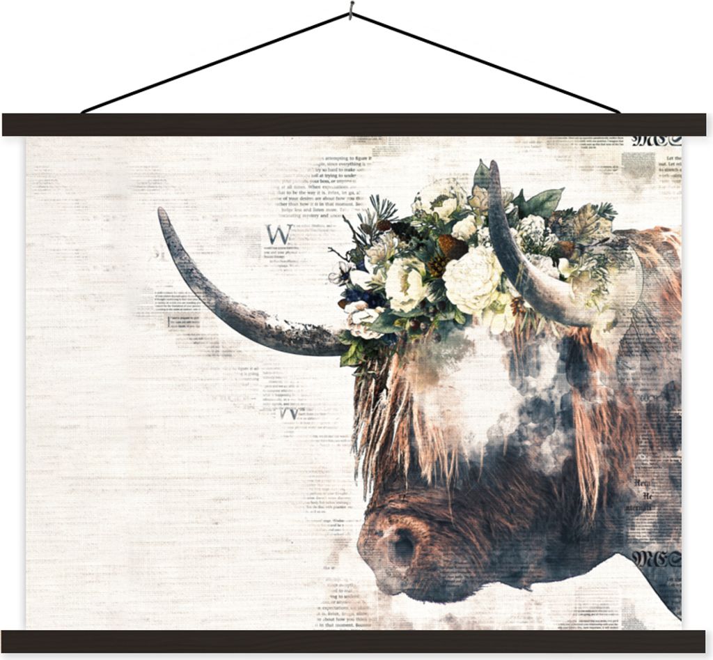 MuchoWow Textilposter Schottisches Hochlandrind - Rauch - Blumen 120x90 cm mit schwarzem Rahmen - Aufhänger für Poster