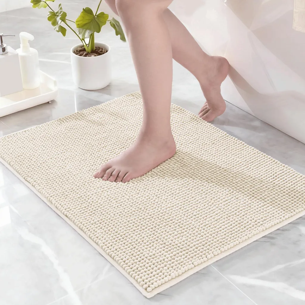 Tapis de salle de bain ivoire lavable en microfibre chenille douce