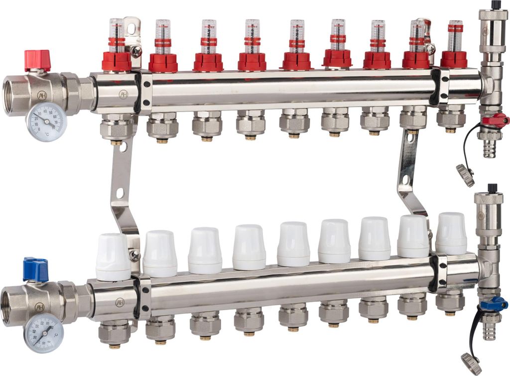 AQUA HEATING Heizkreisverteiler Für Fußbodenheizung 9 Heizkreise 10 Bar Verteiler Set Gerades Ventil PEX Verbinder