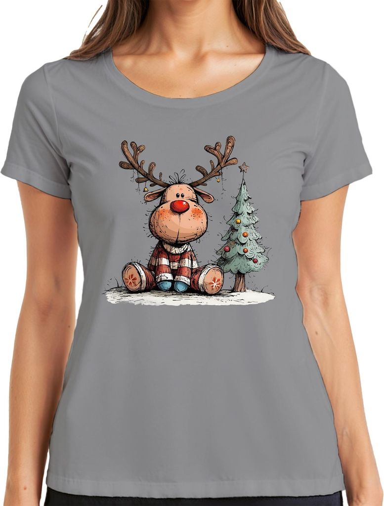 Rudolf Rentier Rote Nase Weihnachten Baum Kinder Geschenk Retro Damen T-Shirt, Grau, L