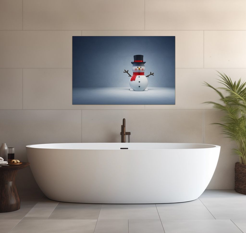 Wallario wasserfestes Poster selbstklebend 91,50 x 61 cm, Winterstimmung - Frecher Schneemann mit Zylinder und rotem Schal, Badezimmerposter Spritz...