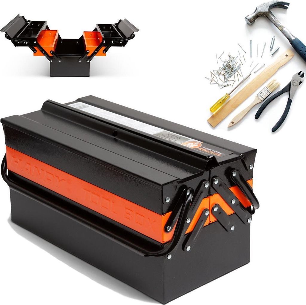 HANDY - Werkzeugkoffer Leer / Werkzeugkasten Metall - Schwarz/Orange - 430 x 210 x 200 mm - Gift Men