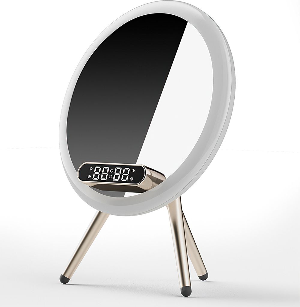 Wecker Lautsprecher, Schminkspiegel, Helligkeit einstellbar, LED-Tischlampe, Musik-Player für Kinder, Schlafzimmer, Camping, Weiß