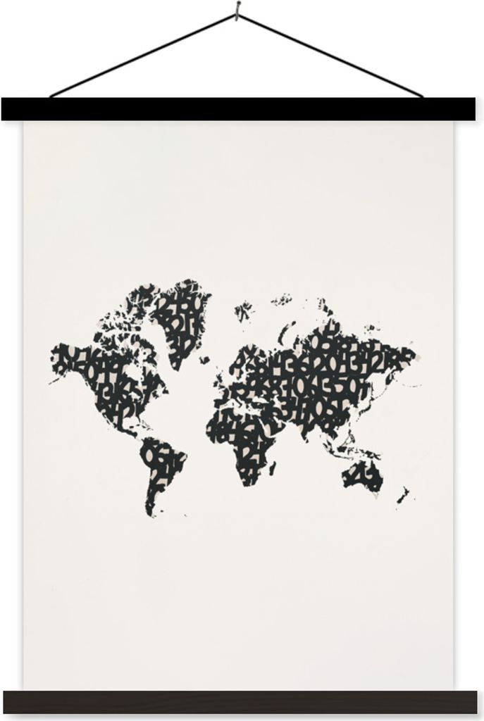 MuchoWow Textilposter Weltkarte - Zahlen - Schwarz 90x120 cm mit schwarzem Rahmen - Dekoration