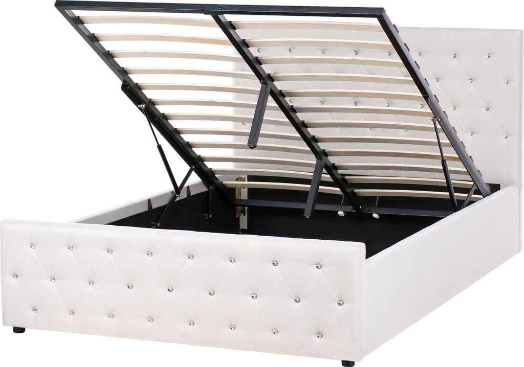 BELIANI Polsterbett Beige Stoff mit Lattenrost 140 x 200 cm Bettkasten Hochklappbar Hohes Kopfteil Doppelbett Elegantes Modernes Chesterfield Design