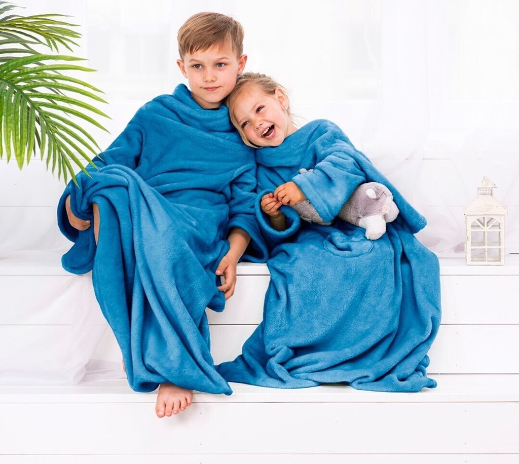 Kuscheldecke für Kinder 90x105 cm mit Ärmeln Microfaser Fleecedecke Kuscheldecke Indigo