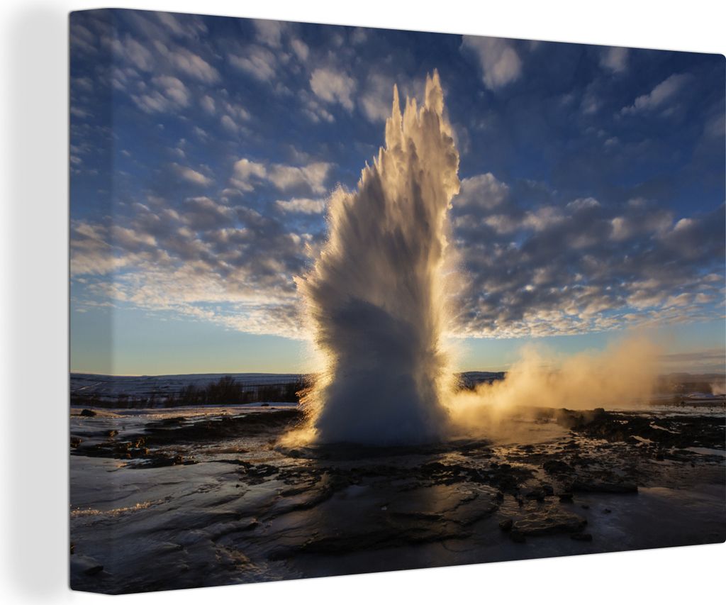 OneMillionCanvasses - Leinwandbilder - 140x90 cm, Geysirausbruch bei Sonnenaufgang, Wandbilder Kunstdruck Wanddekoration