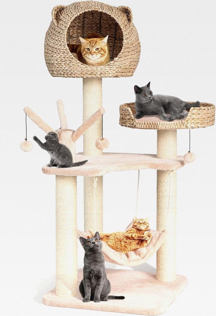 Kratzbaum 121 cm Hoch Mehrstöckiger Katzenbaum mit Hängematte & Spielbällen Kletterbaum für Katzen Stabiler Katzenkratzbaum