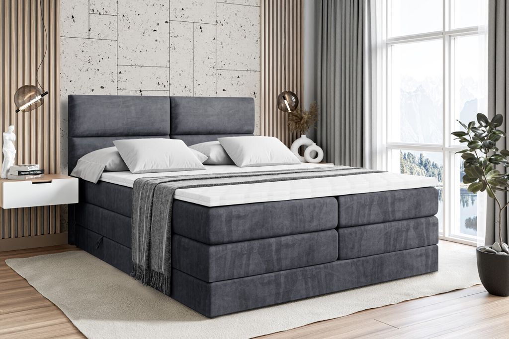 ALTDECOR Boxspringbett mit 2 Matratzen und Topper - 160x200 cm - BOXI3 KING - Dunkelgrau Samt - Polsterbett mit, H3- und H4- Matratzen, Bettkasten ...