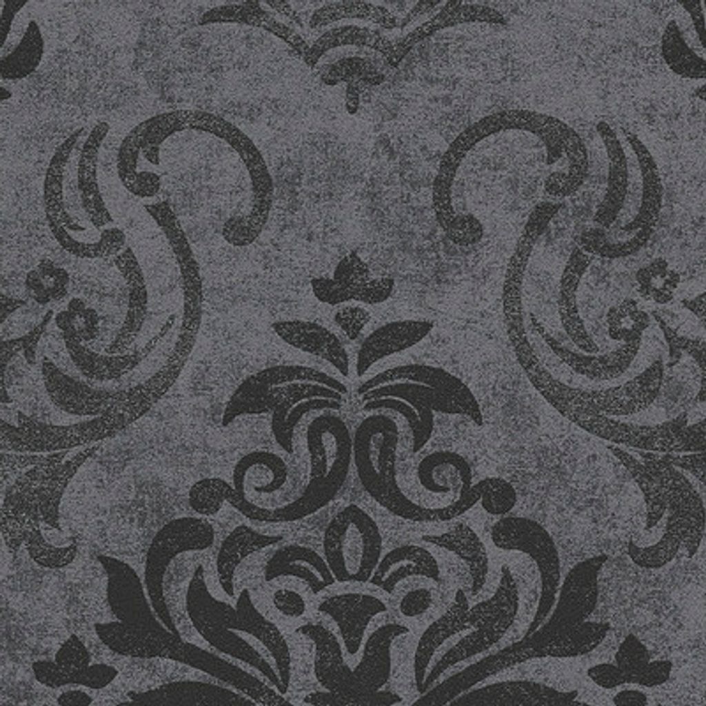 A close-up of a grey and black damask wallpaper pattern.