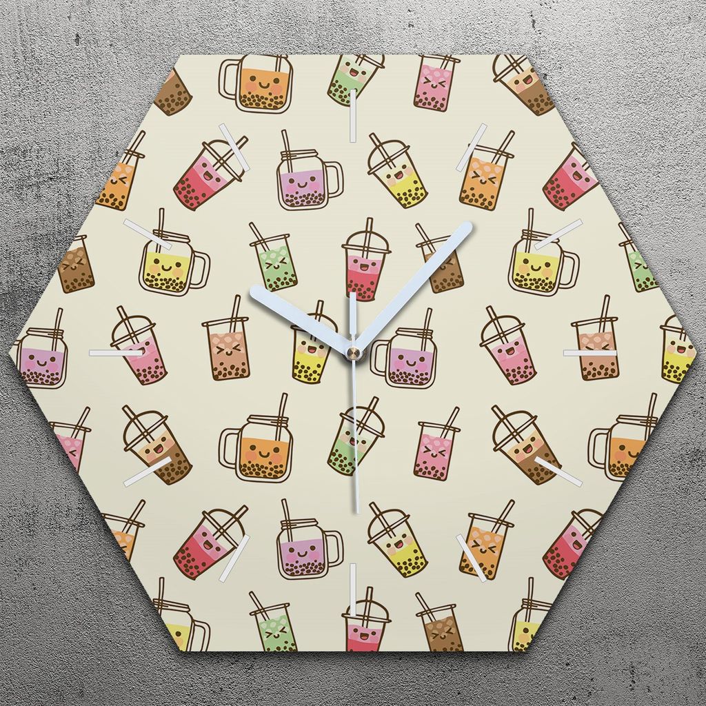 Uhr hexagonal 40 cm Glas Geräuschlos weiße Zeiger - Sprudel Milchtee