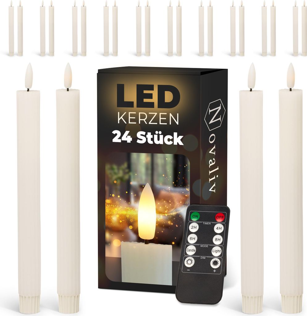 LED Stabkerzen 24 Stück ECHTWACHS gerippt WEISS - mit Timer Funktion 6 Stunden - 23cm Höhe für Kerzen 2,2cm Durchmesser 2 AAA Batterien notwendi...