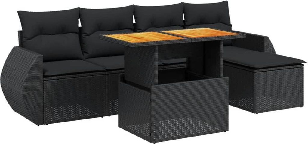 vidaXL 6-tlg. Garten-Sofagarnitur mit Kissen Schwarz Poly Rattan