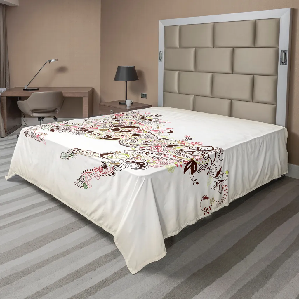 Grand drap plat 260x228 cm pour lit double motif abstrait vert rose