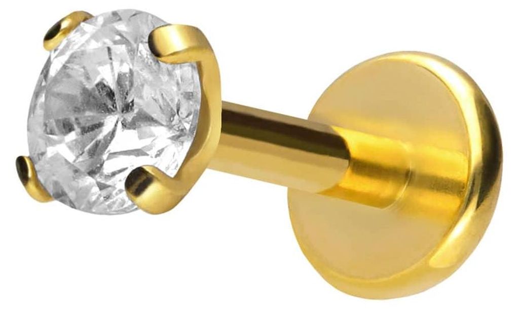 Ohrpiercing, Nasenpiercing Titan Labret mit Push Fit EINGEFASSTER KRISTALL Gold Stablänge: 8mm | Stabstärke: 1mm | Kristallgröße: 3mm