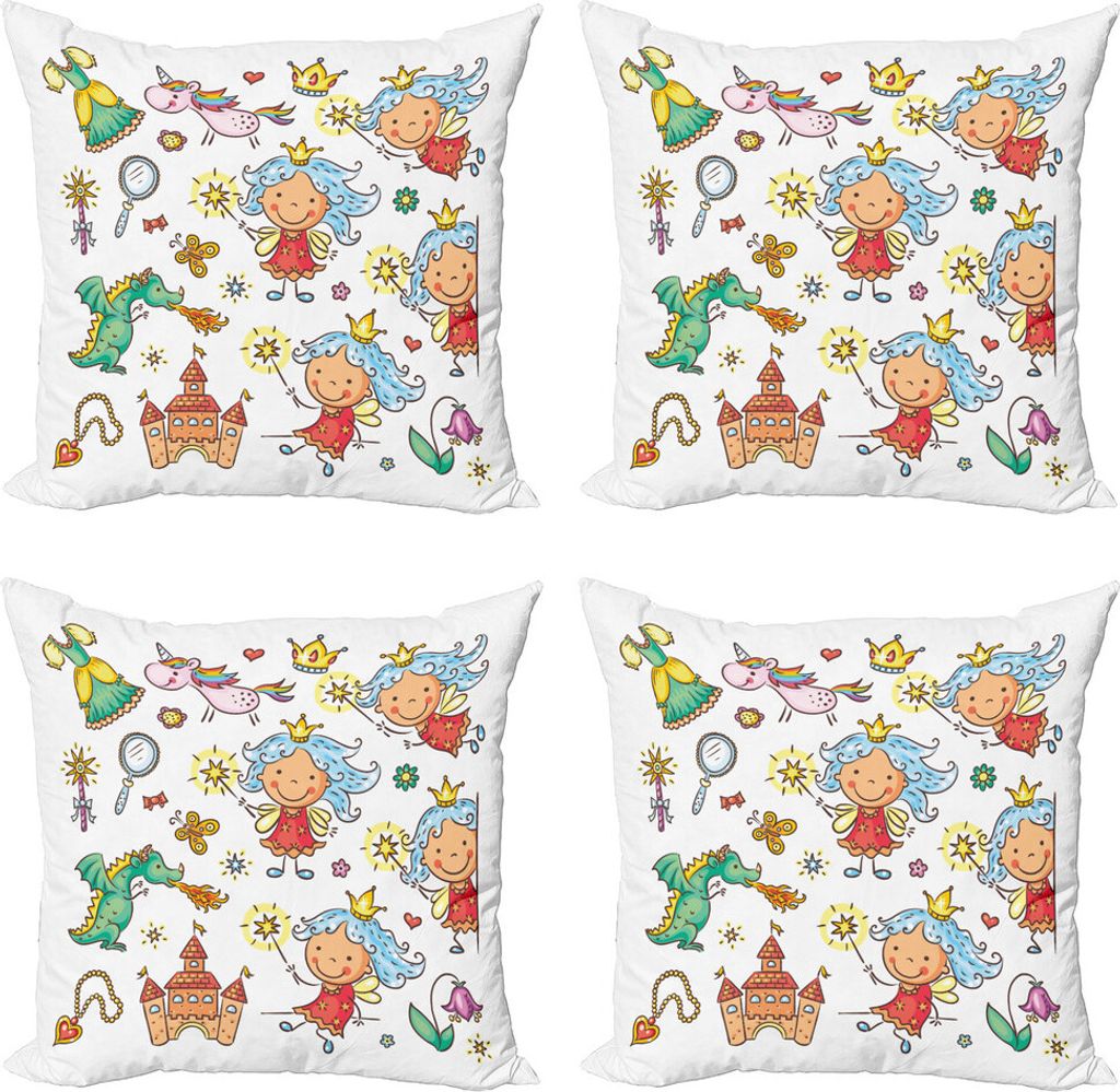 ABAKUHAUS Fee Kissenbezug Set (4 Stück), Cartoon Princess Motiv, Moderner Doppelseitiger Digitaldruck, 45 cm x 45 cm, Mehrfarbig