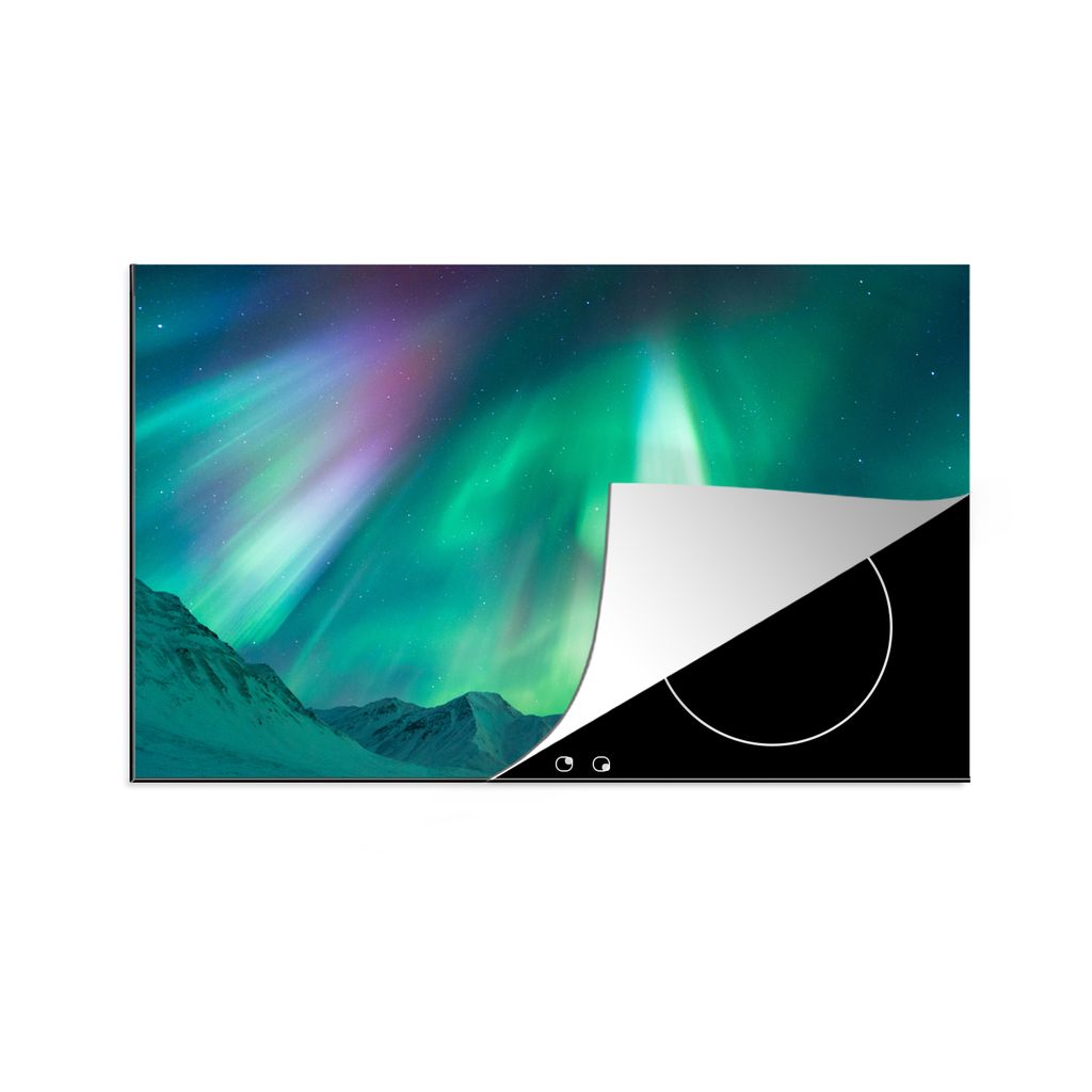 KitchenYeah Herdabdeckplatte Nordlichter - Berg - Schnee , 91x52cm, Küche Deko, Glaskeramikkochfeld Herdabdeckung, Abdeckplatte fùr Kochfeld