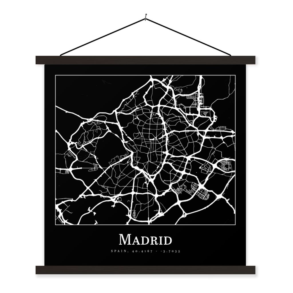 MuchoWow Textilposter Madrid - Karte - Stadtplan 60x60 cm mit schwarzem Rahmen - Posteraufhänger
