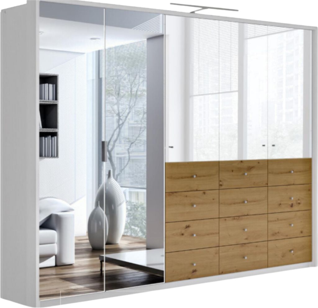 Drehtürenschrank Mons, 5 Türen Kleiderschrank mit 2 Spiegel, Moderne Garderobe, Schrank Größe: 255 x 217 x 65 cm