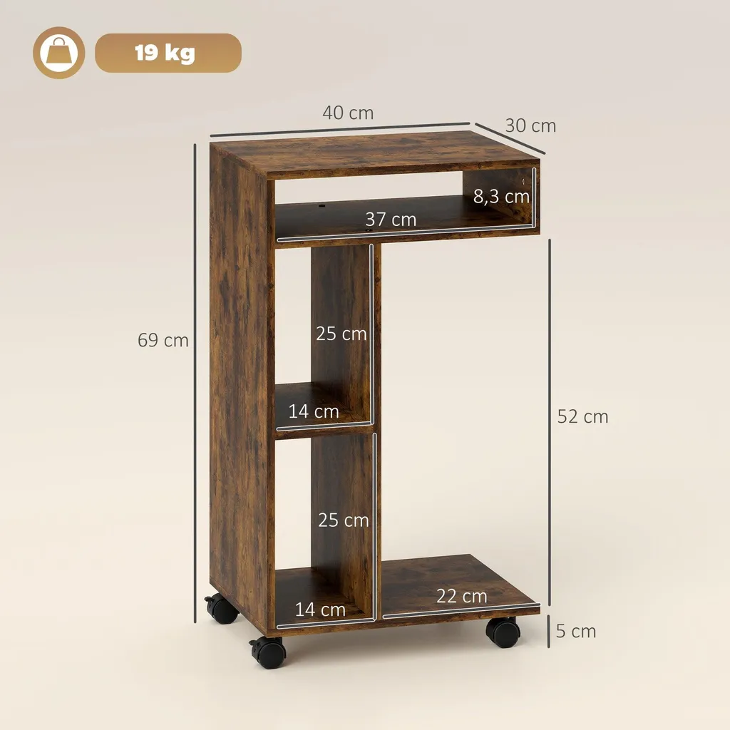 Table d'appoint en C à roulettes avec 3 étagères bois marron rustique - 3