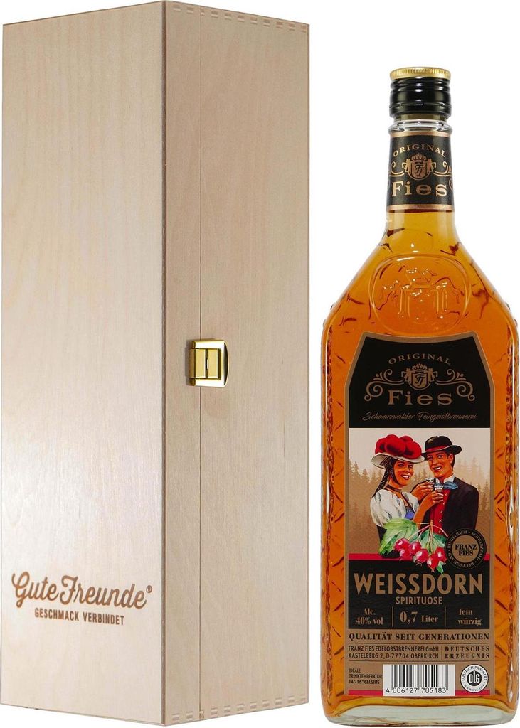 Fies Weissdorn Spirituose mit Geschenk-Holzkiste