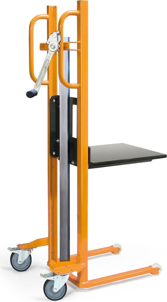 Materialheber, Traglast 150 kg, mit Plattform BxT 460x500 mm, Hubhöhe 1200 mm, Lenkräder TPE, Lasträder Polyamid, RAL 1028 melonengelb