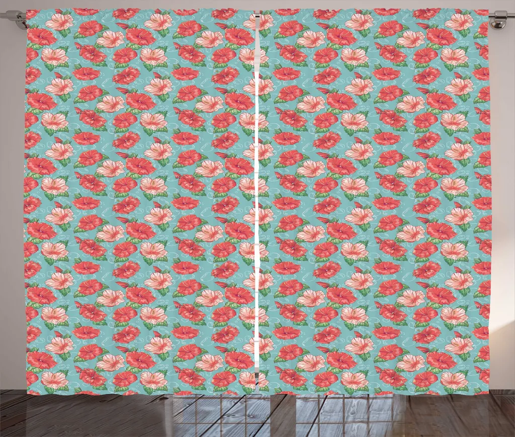 Rideau à fronces ABAKUHAUS Hibiscus tropical 280x225 cm bleu corail
