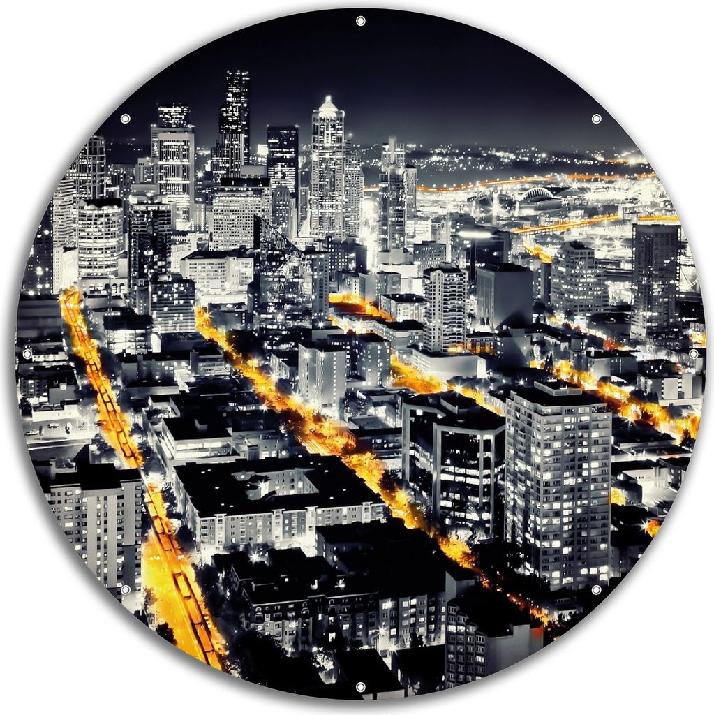 Wallario rundes Outdoor-Poster für Garten oder Balkon, Motiv Großstadt bei Nacht - Seattle in schwarz weiß gelb, 60 cm Durchmesser