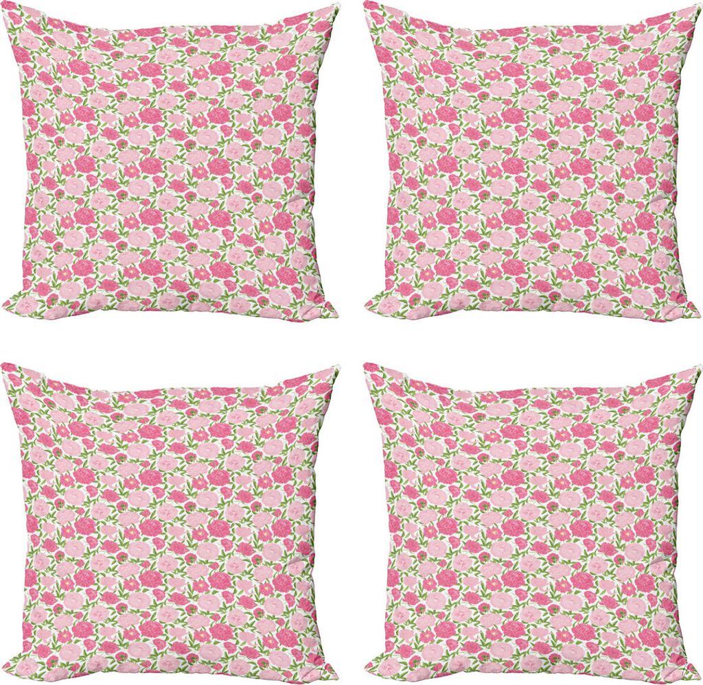 ABAKUHAUS Pfingstrose Kissenbezug Set (4 Stück), Simplistic Romantic Flowers, Moderner Doppelseitiger Digitaldruck, 40 cm x 40 cm, Rosa-Lindgrün