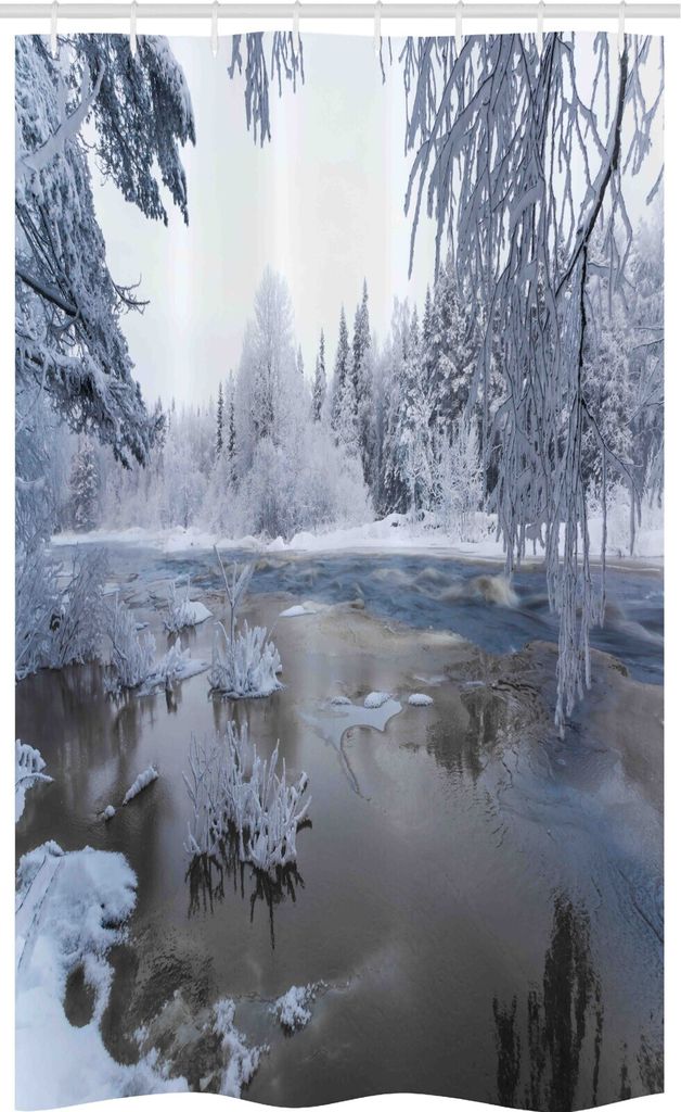 ABAKUHAUS Winter Schmaler Duschvorhang, Nordic Schnee Natur Icy, Badezimmer Deko Set aus Stoff mit Haken, 120 x 180 cm, White Dark Taupe