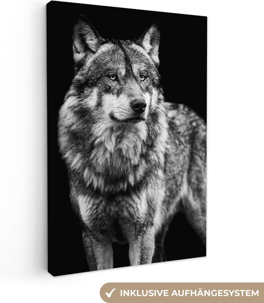 MuchoWow - Leinwandbilder - Wolf - Tiere - Wild - Schwarz - Weiß, Wandbild, Wanddeko Bilder Wohnzimmer, 20x30 cm