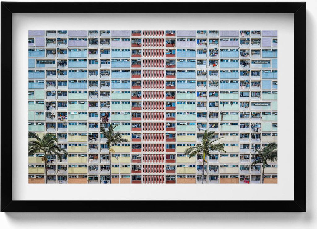 Buntes Gebäude Hongkong– Wandbild mit Rahmen – Gerahmtes Bild – Wanddekoration – 60x40 cm – Schwarz Rahmen