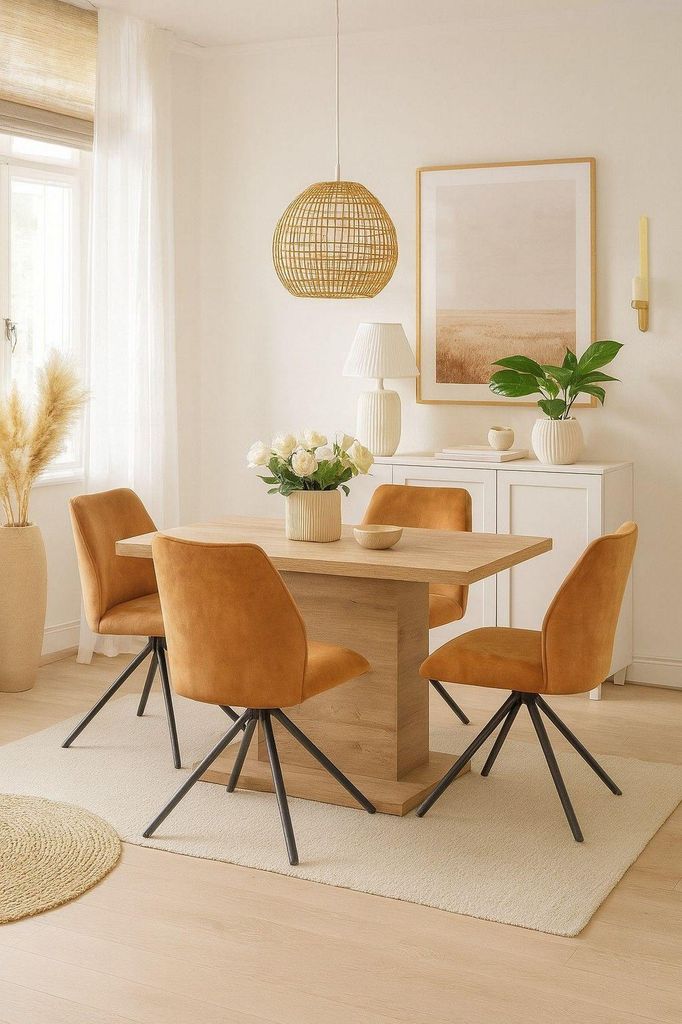 Tischgruppe Essgruppe 5-teilig Auszugstisch&Stühle Eiche-NB/Ockerbraun