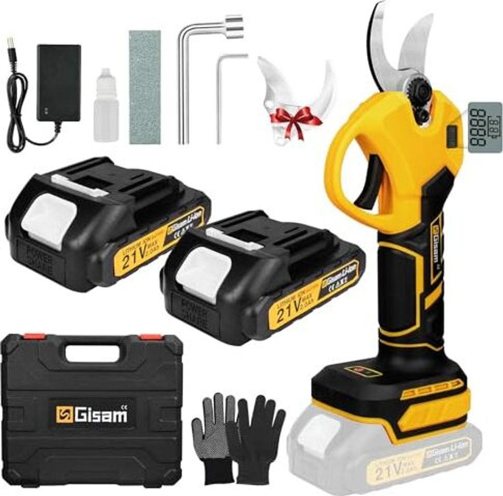 Gisam -Batterie -Secateure, 40 mm elektrische Schnittschere 2 x 2AH Batterien LCD -Display, Rosenschere, Stütze der Öffnungshecken Obstbäume ein...