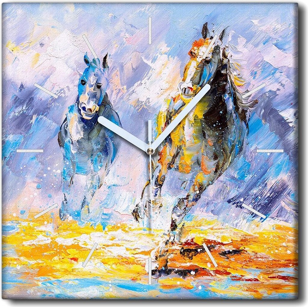 Coloray Uhr auf Leinwand 30x30 cm Wand Uhr Dekoration Wohnzimmer Segeltuch weiße Zeiger -Pferde galoppiert Tiere.