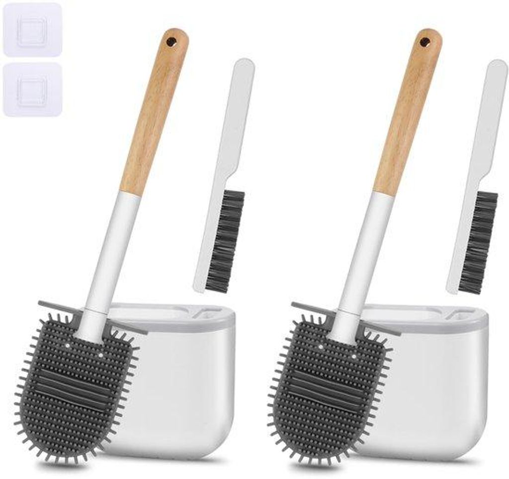Silikon Toiletborstel mit flacher und flexibler Kopf, Wandclosetborstel ohne Bohren, multifunktionale Kierenborstel, Holzfarbe, Set von 2 Stücken