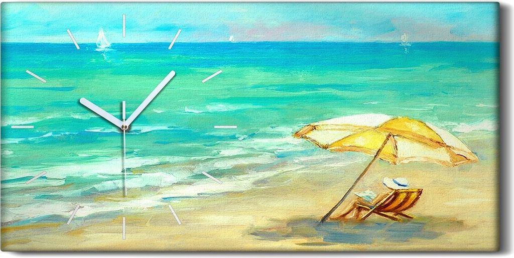 Dekor Leinwand Uhr Wandbilder 60x30 Malerei Strand Ozean Meer Wellen Regenschirm - weiße Hände