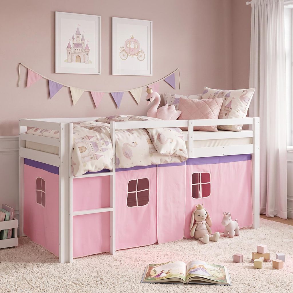 Homestyle4u Hochbett 90x200 Kinder mit Lattenrost Vorhang Produktbild 