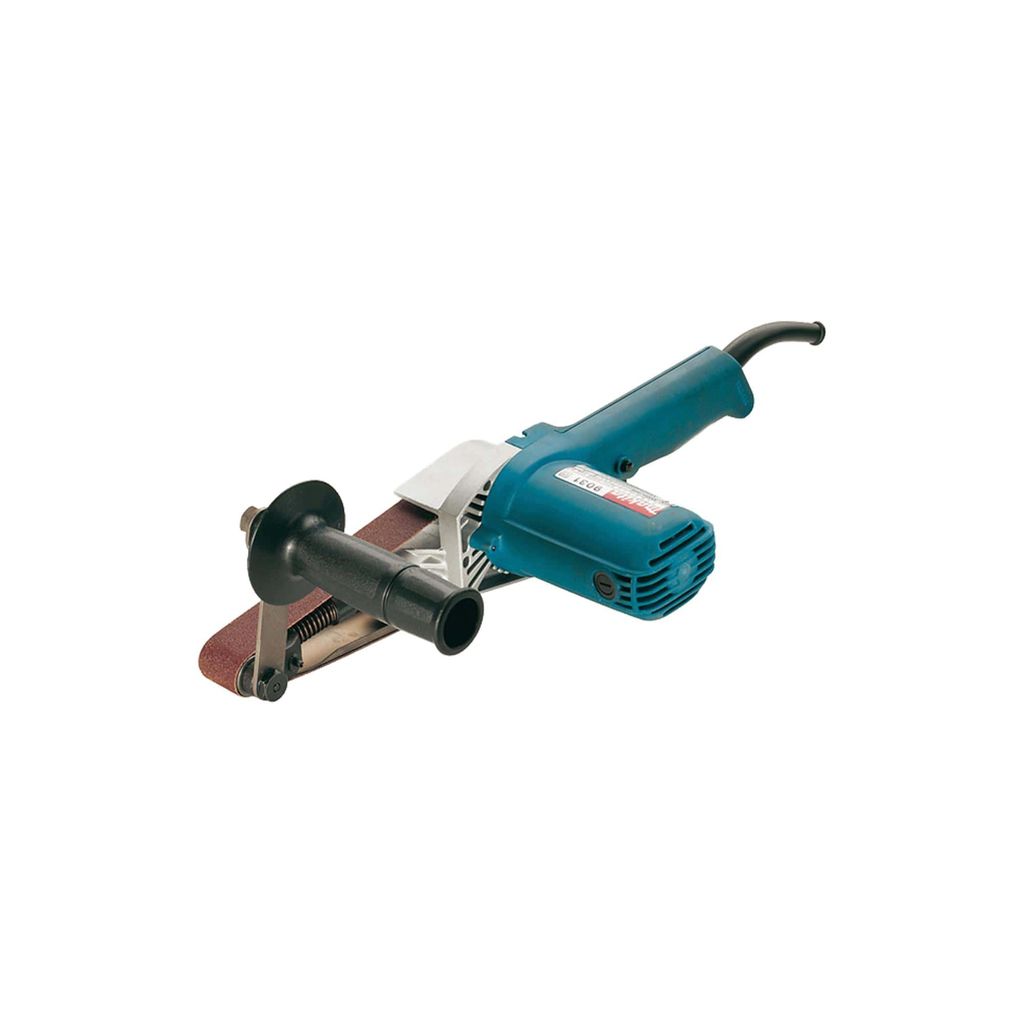 A turquoise and silver belt sander is shown against a white background.