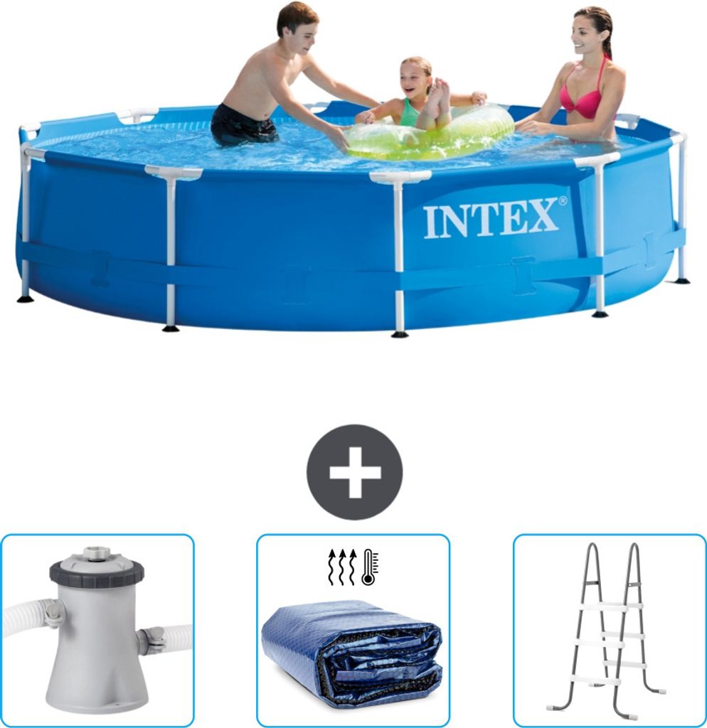 Intex-Schwimmbecken mit rundem Rahmen – 305 x 76 cm – Blau – im Lieferumfang enthalten Filterpumpe für Schwimmbad - Sonnensegel - Leiter