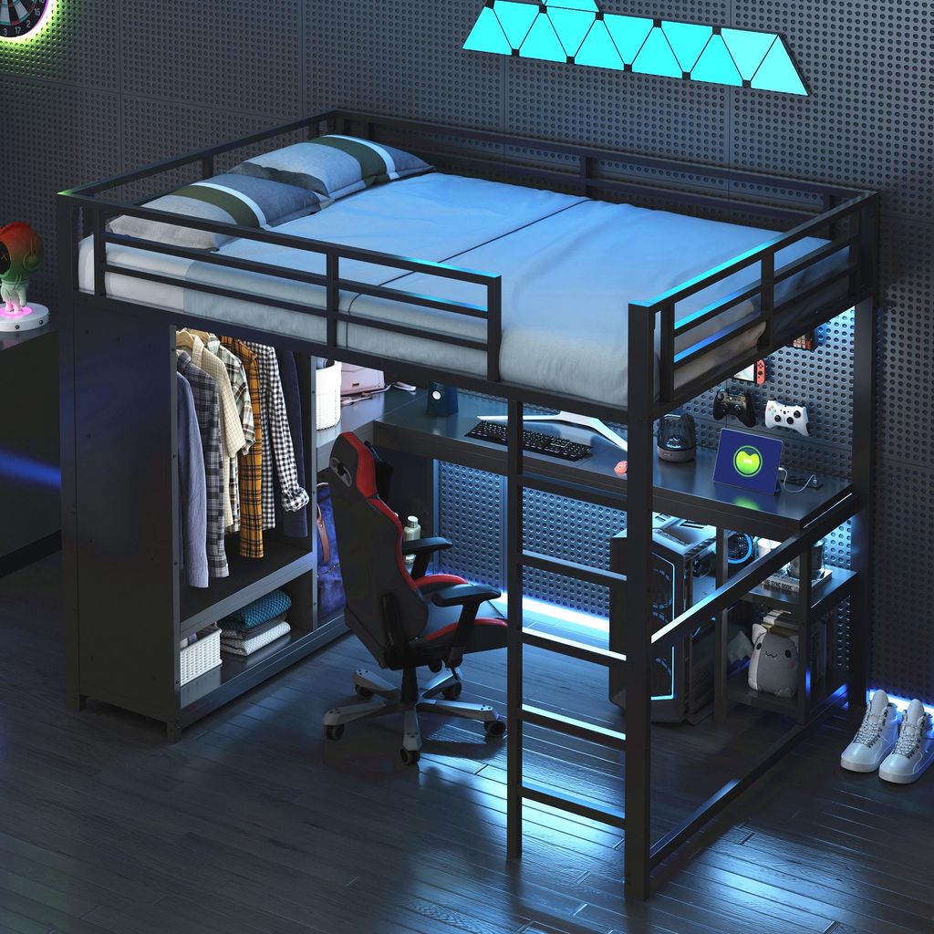 okwish Hochbett 140x200 Jugendbett mit LED und Ladestation,Metallbett mit Gittergeländer und offenen Kleiderschrank,Schreibtisch und Ablagefläche...