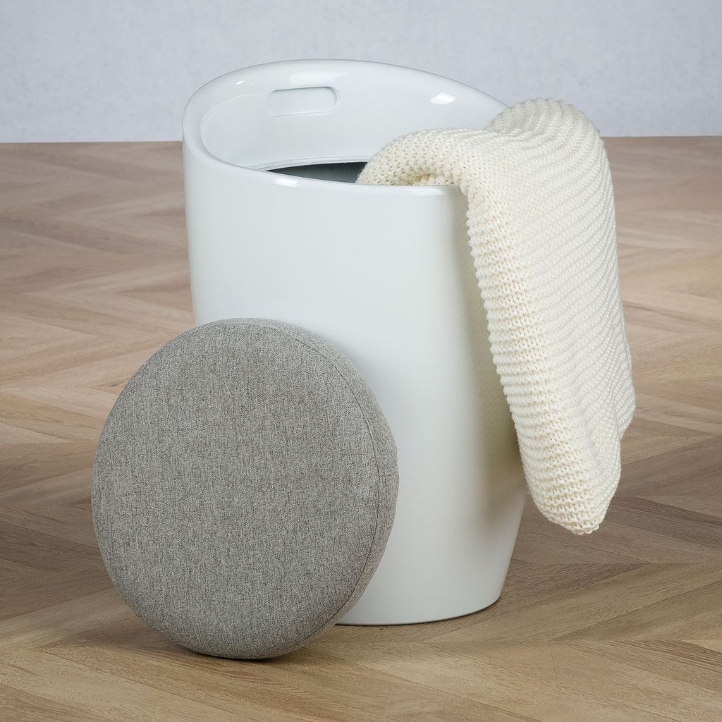 Sitzhocker Arbeitshocker Badhocker Badschemel Stauraumhocker DANIEL, mit Stauraum und Sitzkissen in weiß/grau