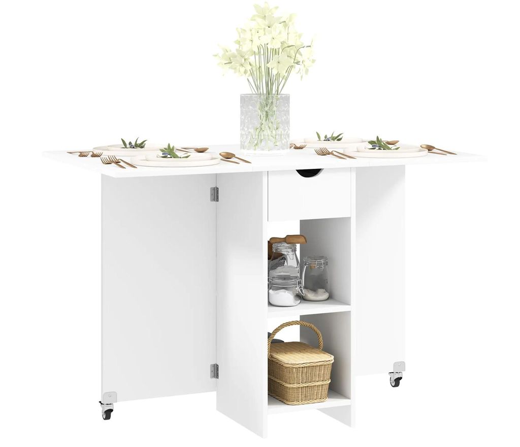 Klappbarer Esstisch,Esszimmertisch, faltbarer Küchentisch mit Stauraum, Ausziehbarer Tisch auf Rädern