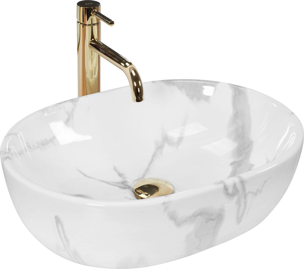 A white marble-patterned sink with a gold faucet against a white background.