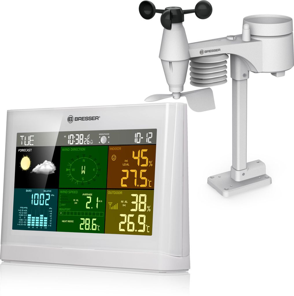 A white digital weather station display and its outdoor sensor unit are shown against a white background.