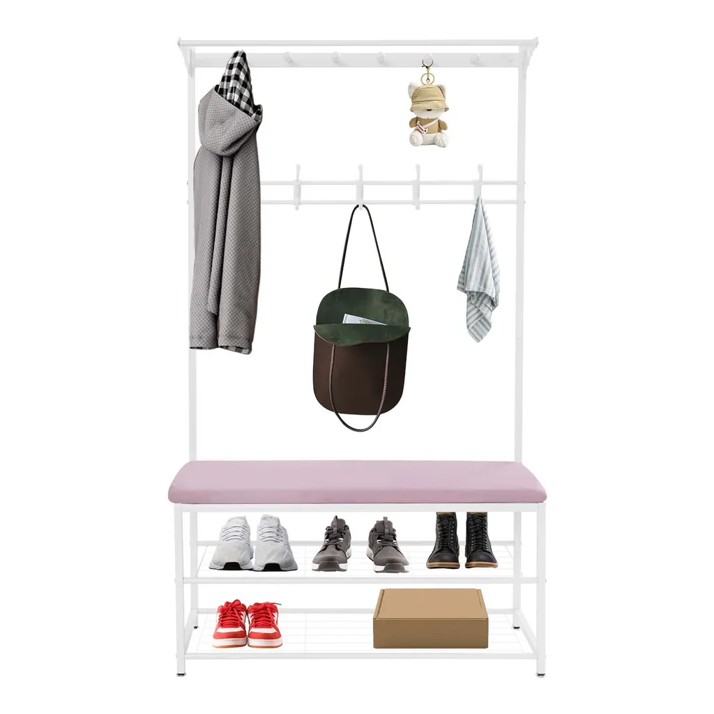 Portant à vêtements tubes épaissis avec banc et rangement chaussures rose