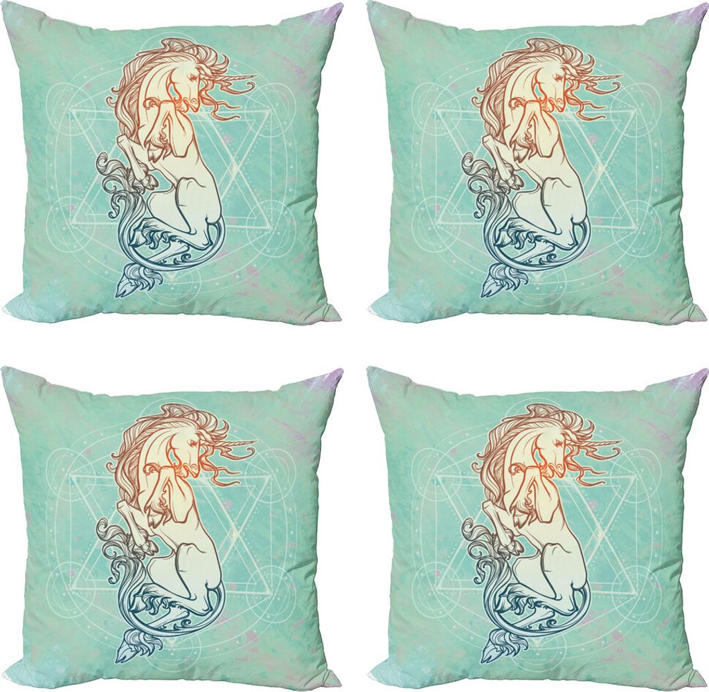 ABAKUHAUS Alchimie Kissenbezug Set (4 Stück), Einhorn auf Geometrie, Moderner Doppelseitiger Digitaldruck, 60 cm x 60 cm, Seafoam Multicolor