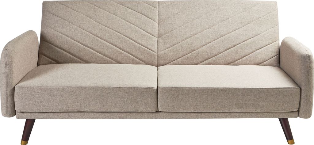 BELIANI 3-Sitzer Sofa Hellbraun Kunstleinen Gesteppt Klappbar mit Schlaffunktion Schmale Armlehnen Hohe Holzbeine Retro Wohnzimmer Schlafsofa Sofabett