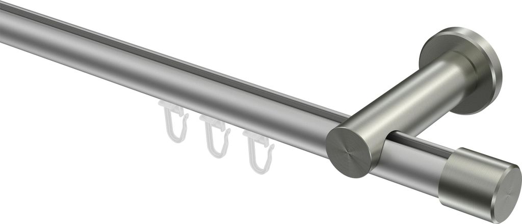 Interdeco Innenlaufstange / Gardinenstange mit Innenlauf Silbergrau / Edelstahl-Optik, Typ Platon Santo (Kappe), 20 mm Ø 1-läufig, 260 cm