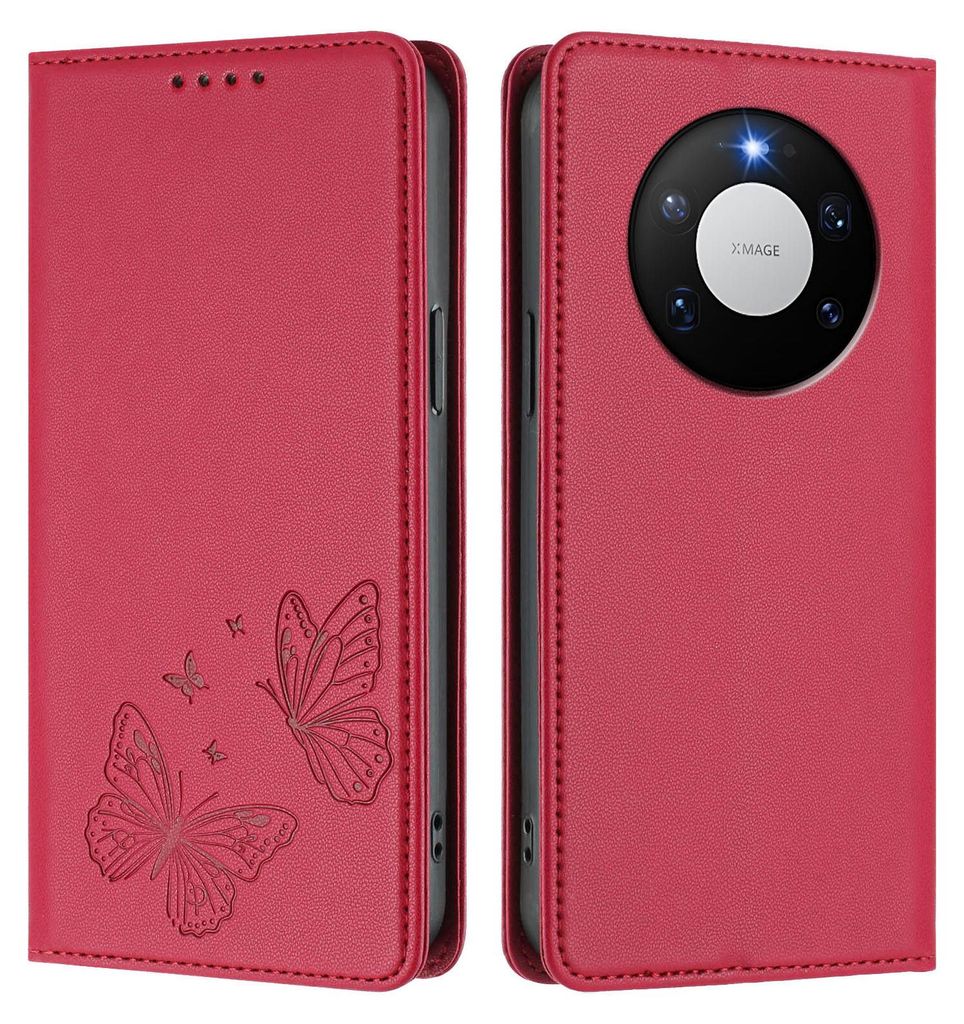 Lederhülle für Huawei Mate 80 Pro Max, Schmetterling Prägung Leder Brieftasche Schutzhülle mit Ständer Rot